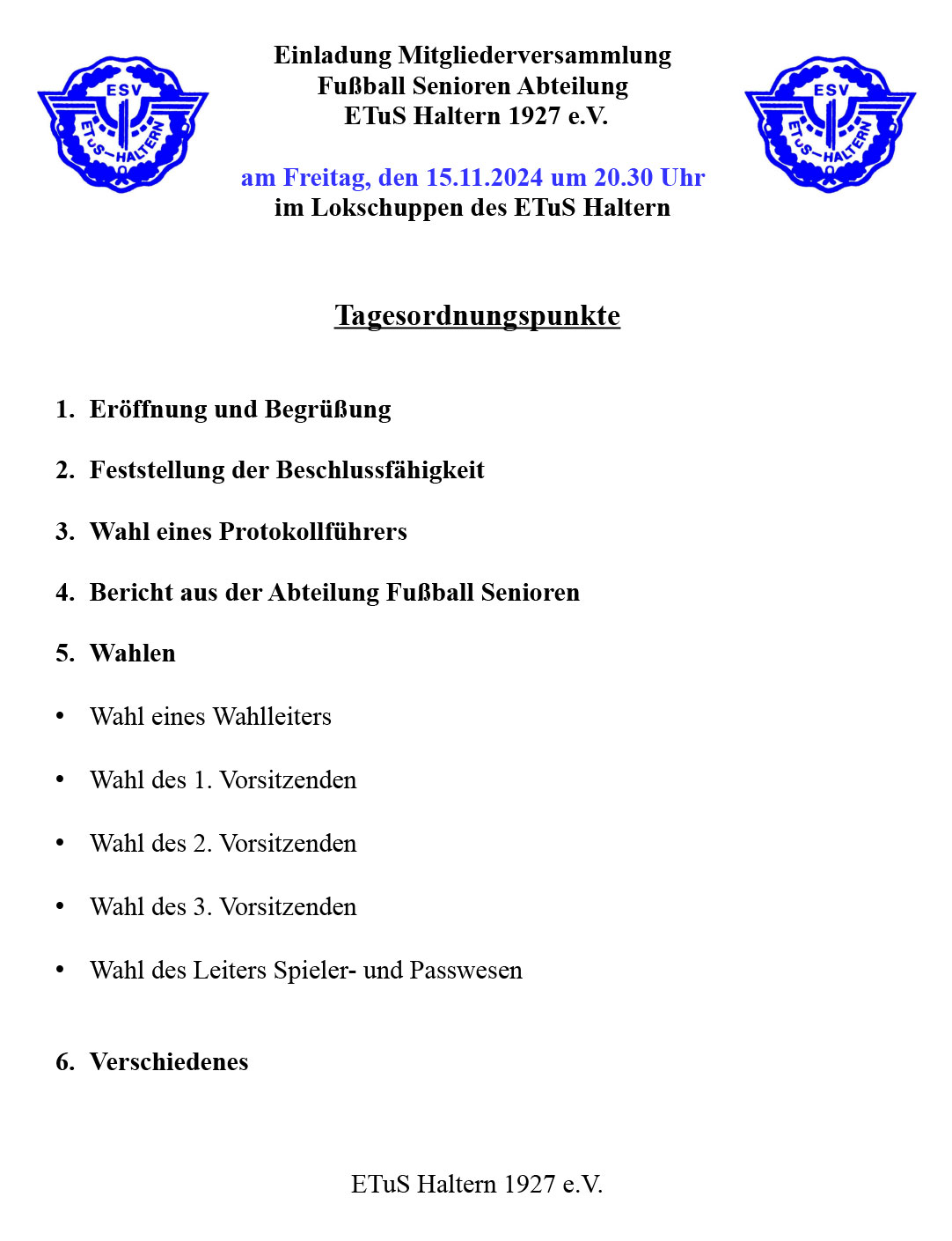 Einladung ETuS Senioren Mitgliederversammlung 2024