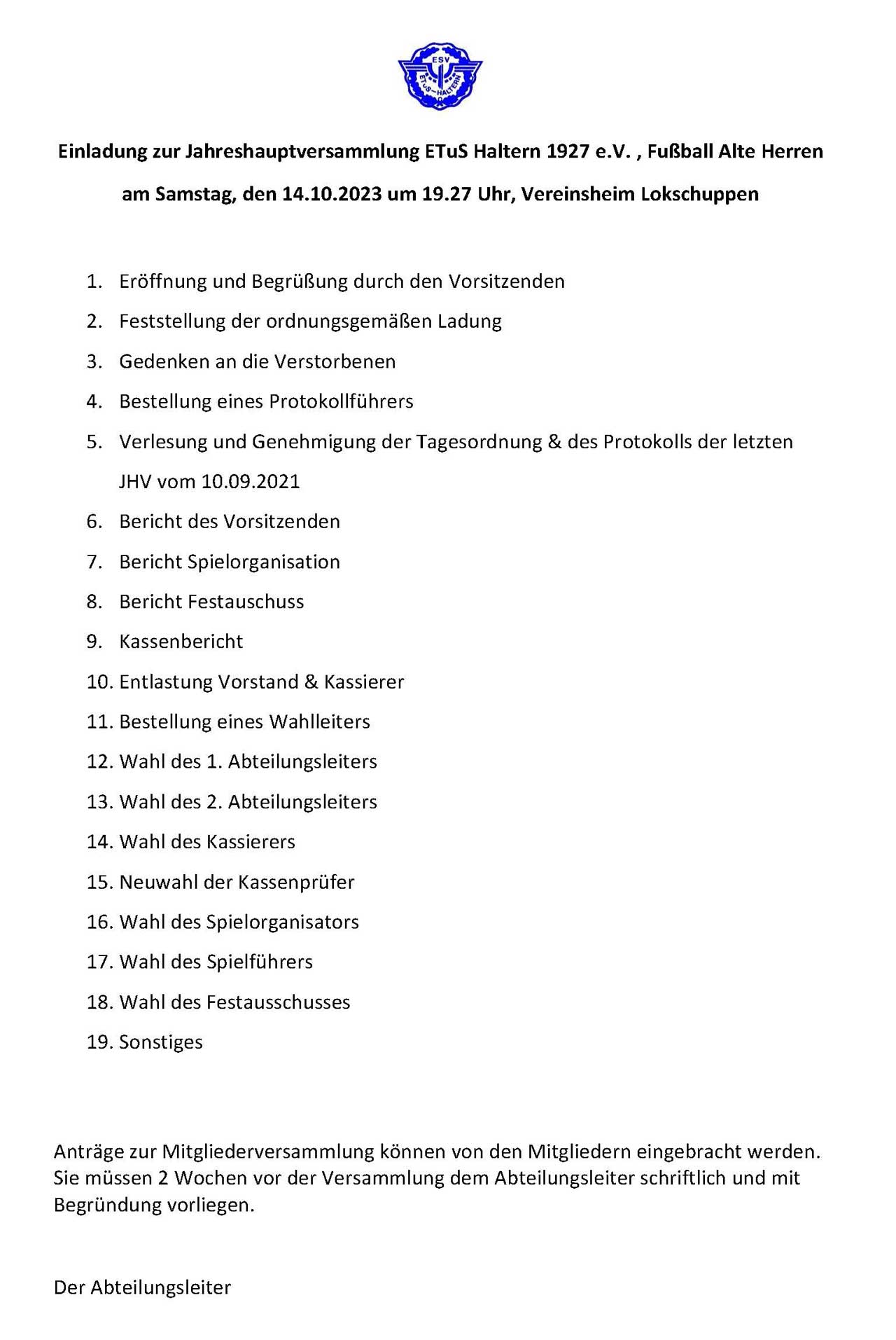 Einladung JHV ETuS AH