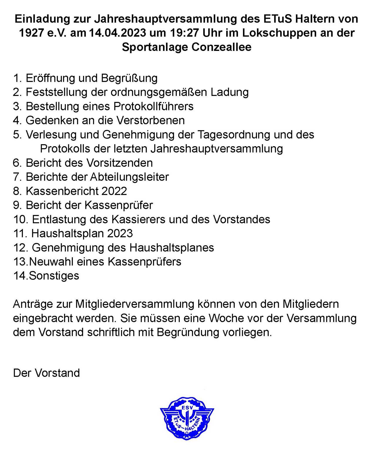 Einladung JHV ETuS Haltern 2023