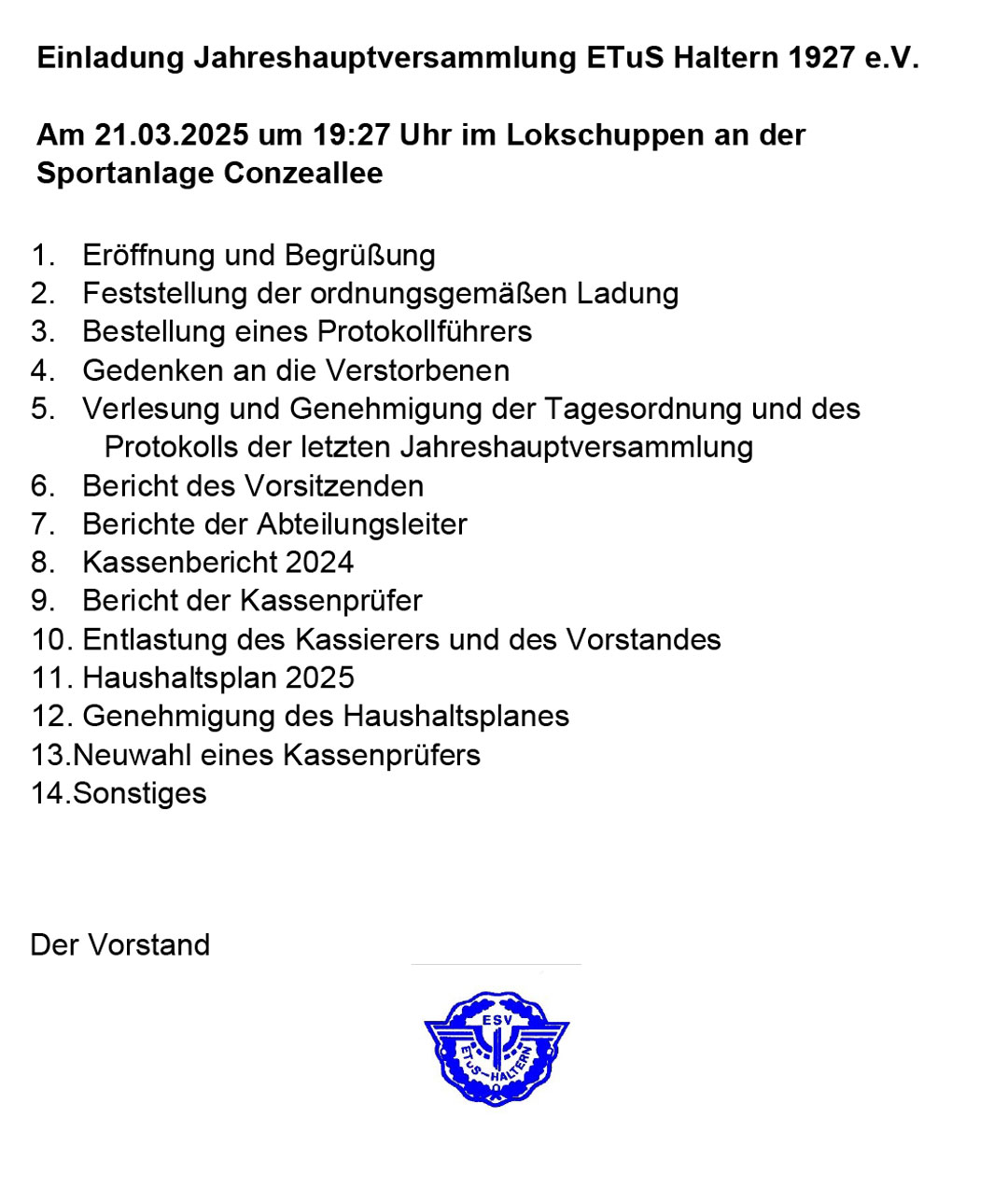 Einladung JHV ETuS Haltern 2025